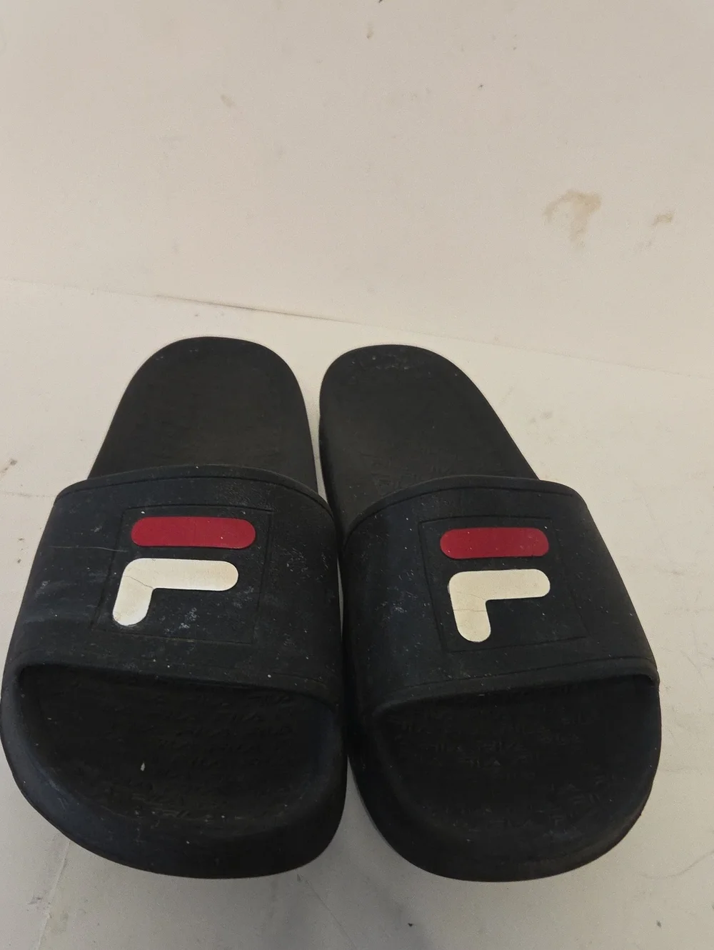 Fila Black Slide Sandals with Red & White Logo Accents